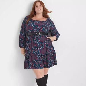 Lane Bryant Fantasy Floral 3/4 Sleeve Square Neck Tiered Fit & Flare Dress 26/28